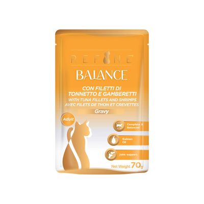 cibo umido per gatto refine balance con tonnetto e gamberetti