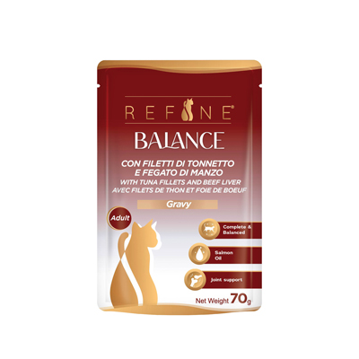 cibo umido per gatto refine balance con tonnetto e fegato di manzo